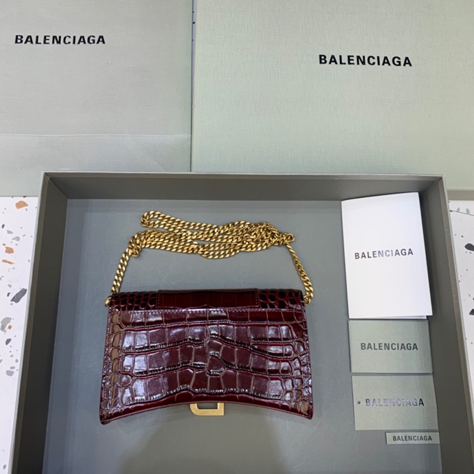 Balenciaga Small Hourglass Wallet With Chain Crocodile Embossed Shoulder Bag Claret